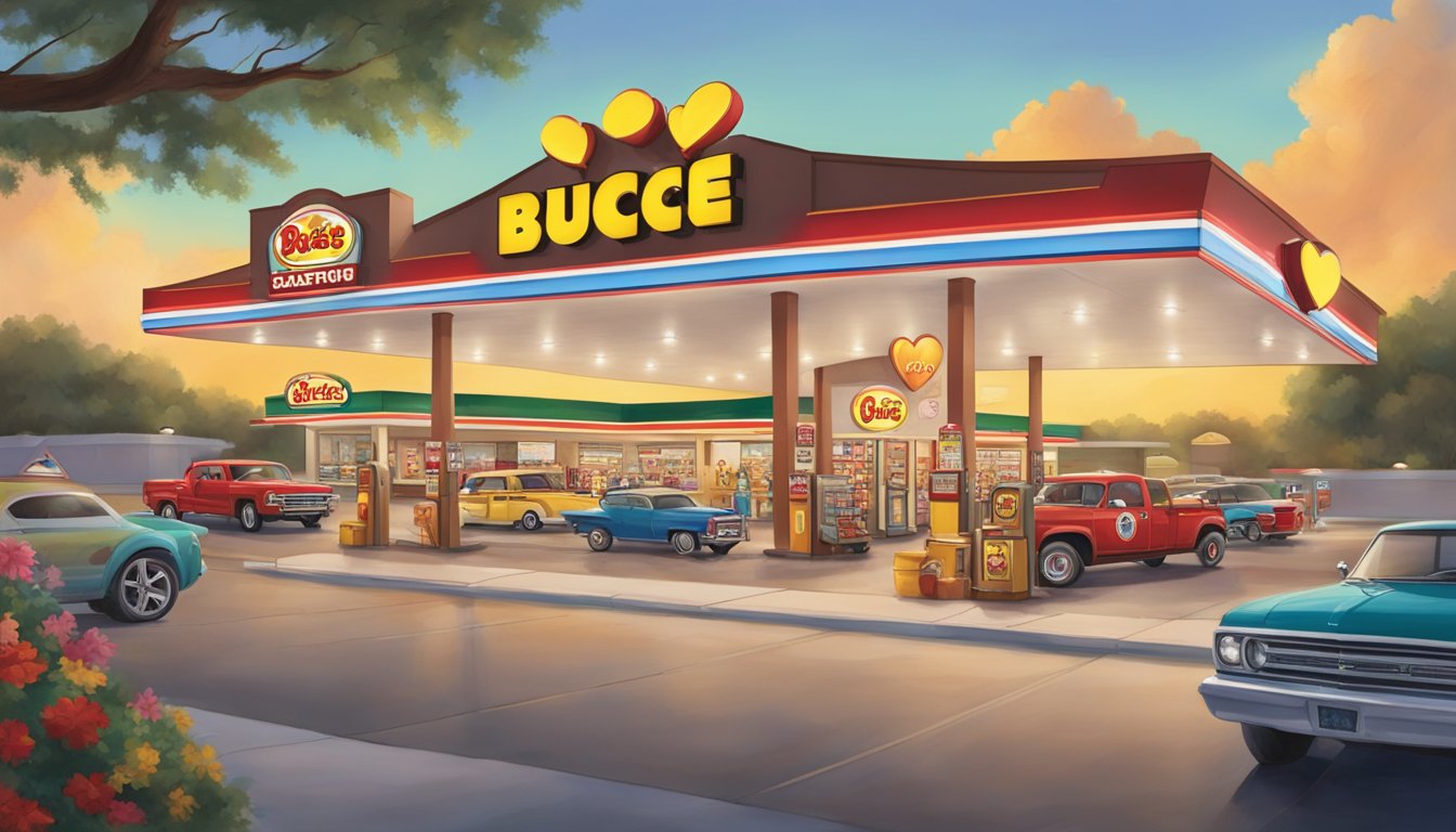 A bustling Buc-ee's gas station with a heart-shaped sign, colorful merchandise, and a warm, inviting atmosphere