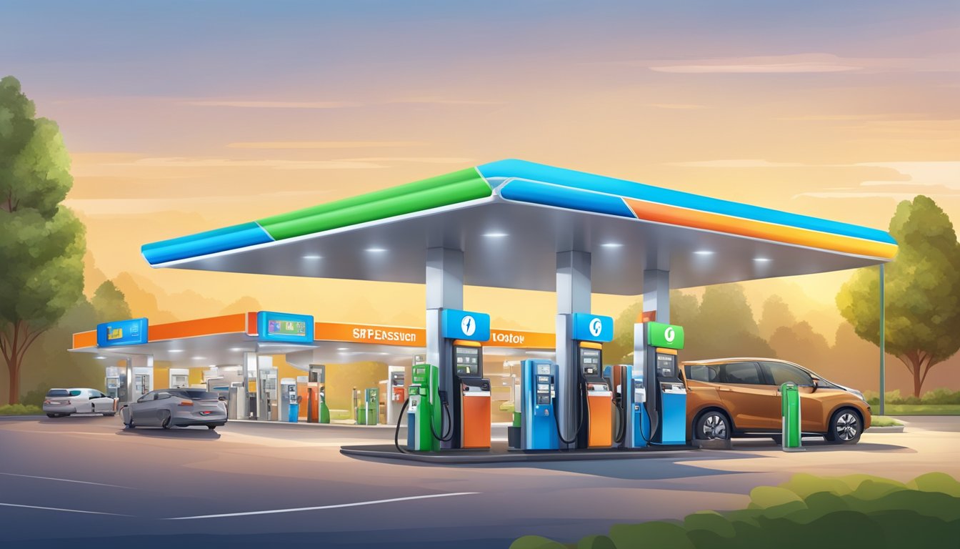 A bustling gas station with colorful signage and a variety of fuel pumps. Customers compare prices and amenities at different stations