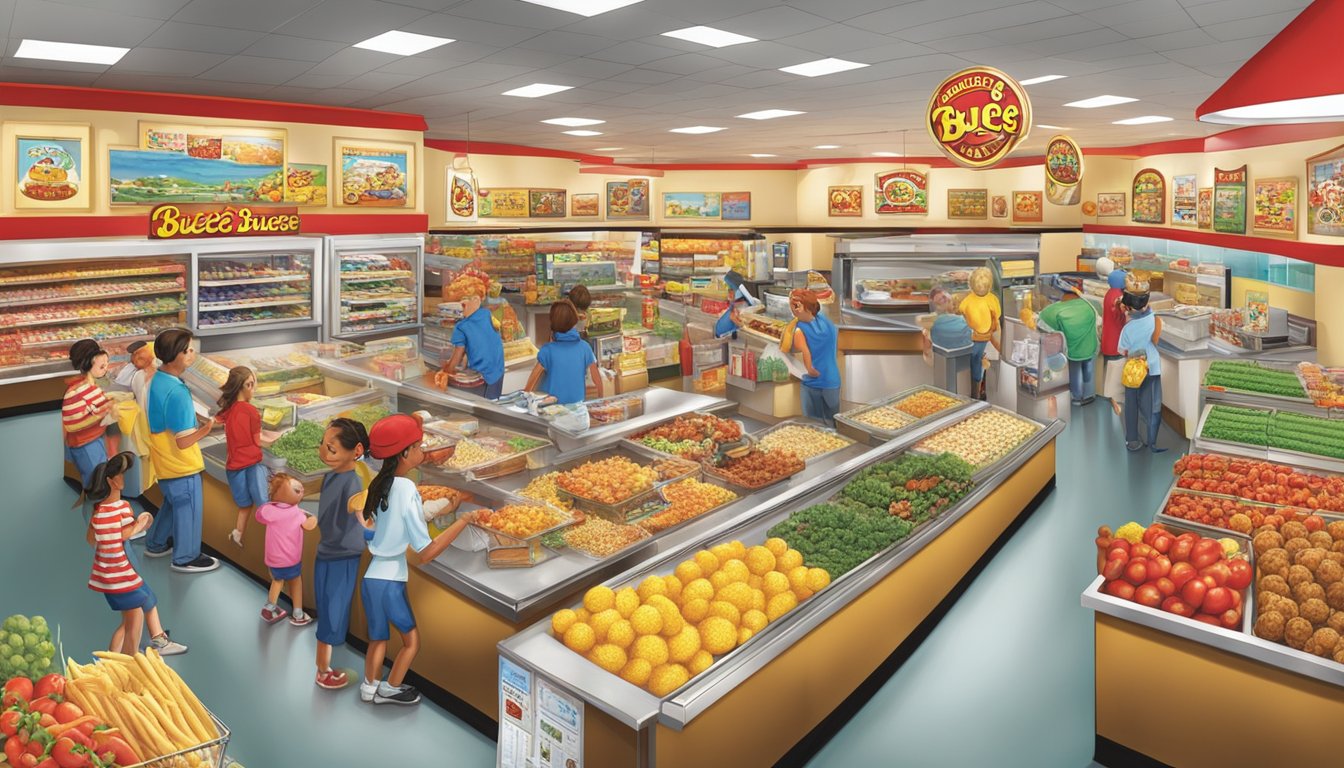 A bustling Buc-ee's store with colorful displays of culinary delights, creating an inviting and lively atmosphere for unexpected meet-cutes