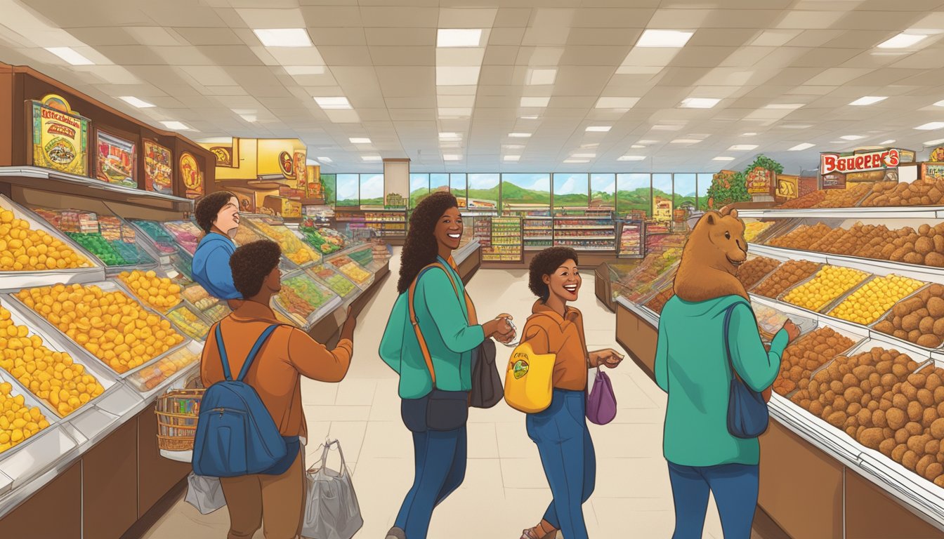 Shoppers browsing aisles, snacking on Beaver Nuggets, and exchanging smiles by the iconic Buc-ee's beaver statue