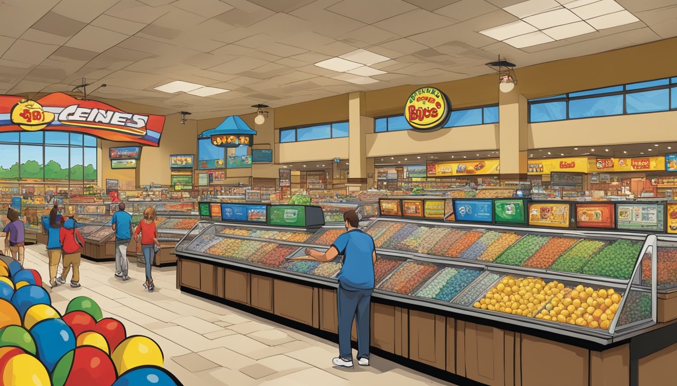 The bustling sounds of customers, cash registers, and background music fill the air at Buc-ee's, creating a lively and vibrant auditory experience