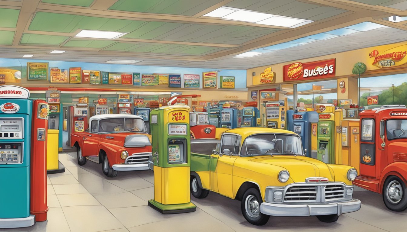 The bustling sounds of a busy Buc-ee's travel center: gas pumps, chatter, and the hum of various appliances, all blending into a lively symphony