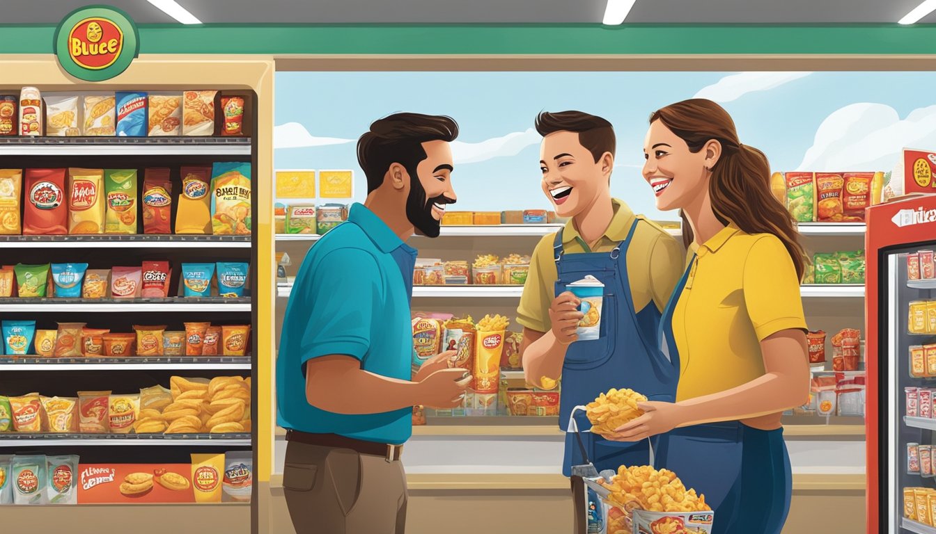 Customers browsing snacks and drinks, while a couple shares a laugh at a Buc-ee's convenience store