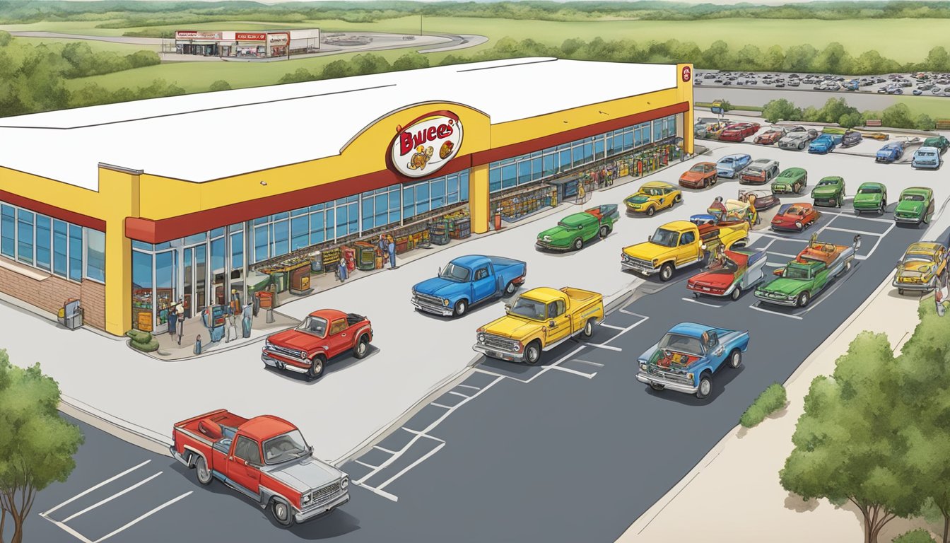 A bustling Buc-ee's store with a prominent highway backdrop, surrounded by gas pumps and busy parking lot