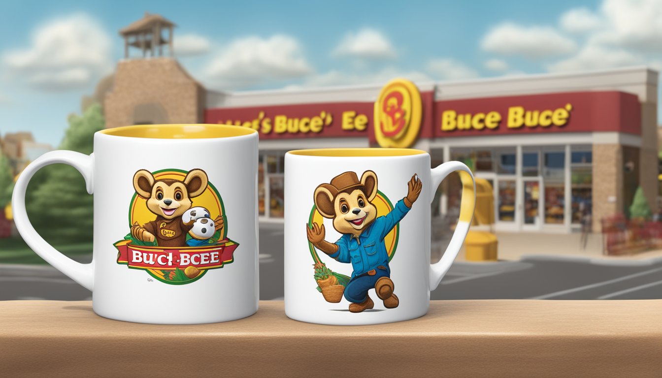 A couple's hands reach for the same Buc-ee's logo mug, creating an unexpected meet-cute amidst merchandise and branding displays