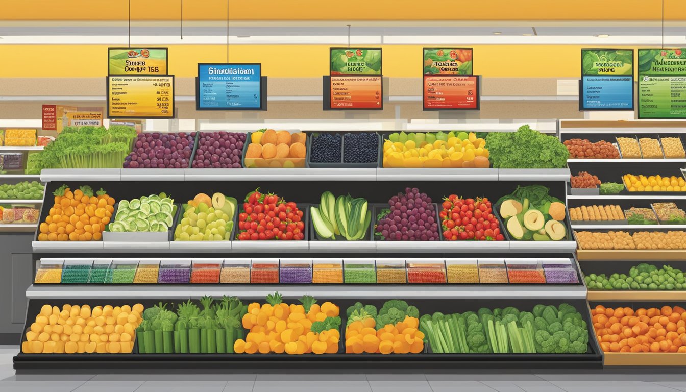 A colorful display of fresh fruits, vegetables, and nutritional information signs at Buc-ee's, with a variety of healthy snack options