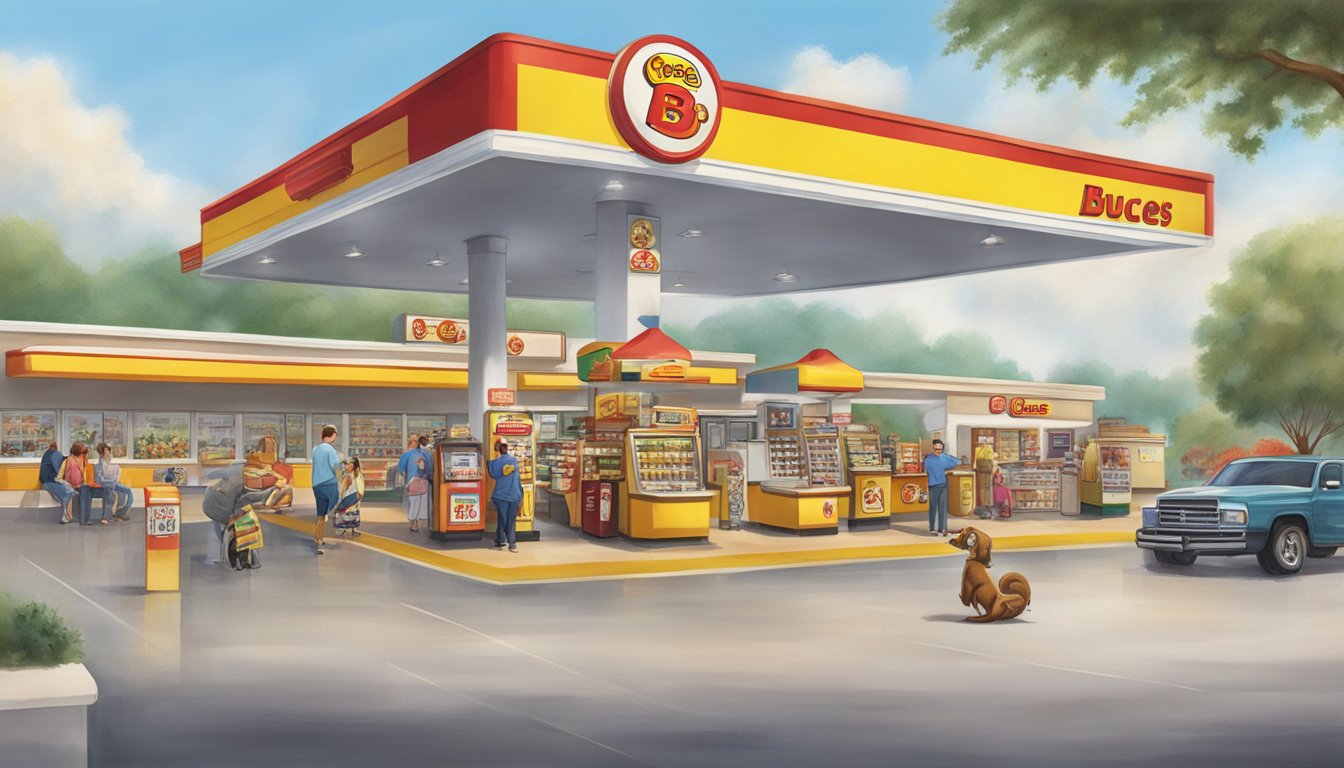 A bustling Buc-ee's gas station with couples meeting by the snacks, fuel pumps, and iconic beaver mascot