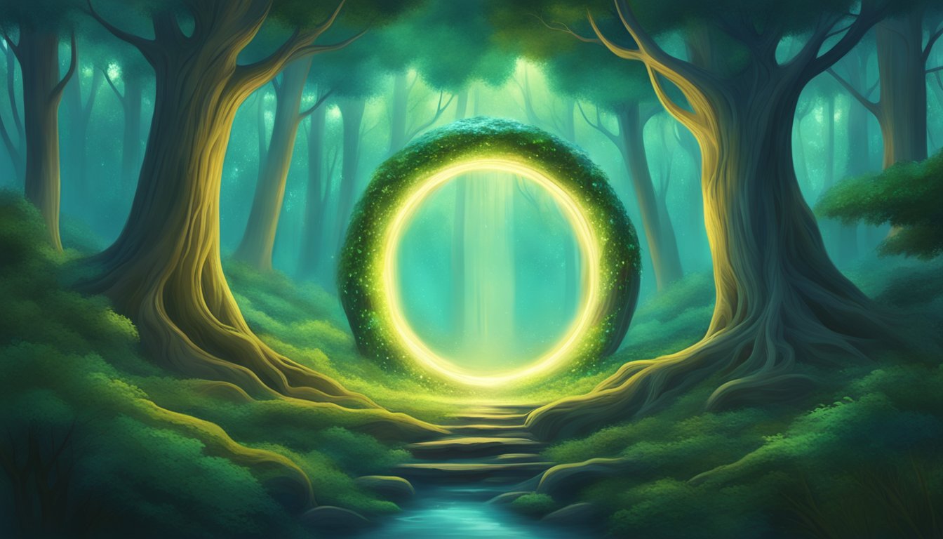 A serene forest clearing with a glowing, otherworldly portal at its center, surrounded by ancient trees and shimmering spiritual energy