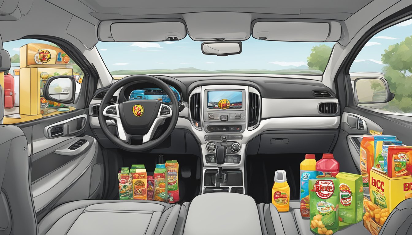 A car interior with Buc-ee's products strategically placed for positive energy, including air fresheners, snacks, and drinks