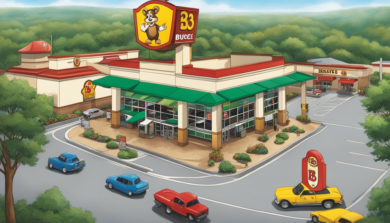 A bright, bustling Buc-ee's location surrounded by lush greenery and towering gas pumps, with the iconic beaver mascot proudly displayed