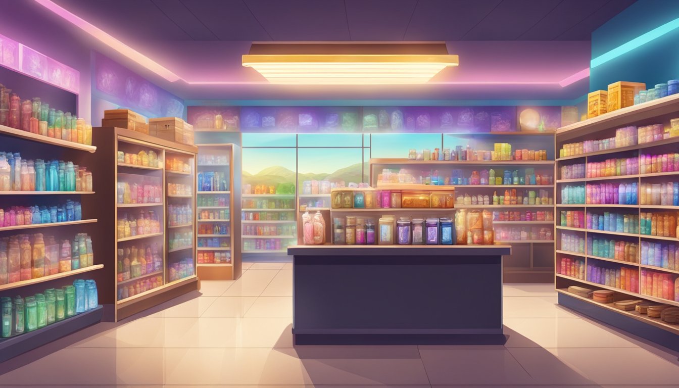 A brightly lit convenience store with a section dedicated to spiritual items, such as crystals, incense, and books on metaphysical topics