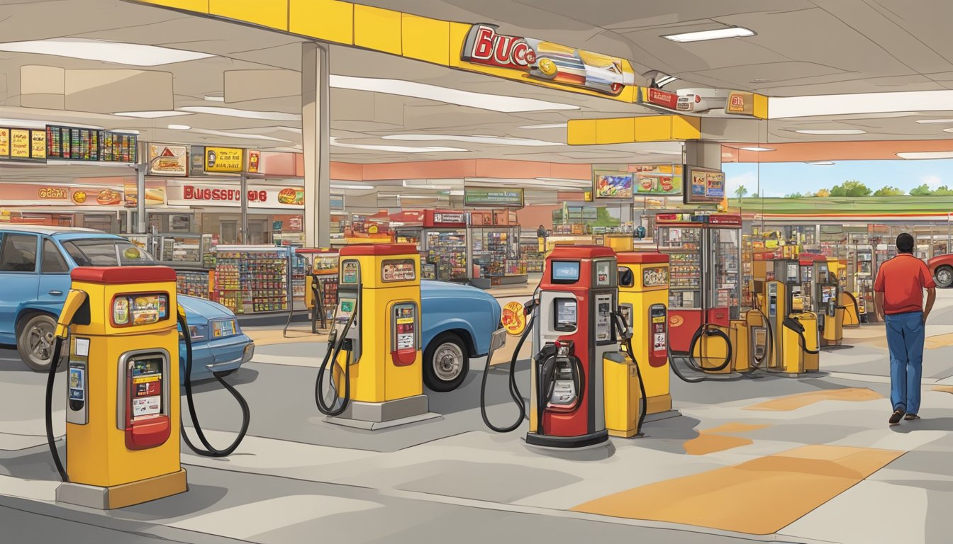 A bustling Buc-ee's gas station with towering gas pumps, a sprawling convenience store, and a steady flow of customers coming and going. The scene is filled with the energy of commerce and consumerism