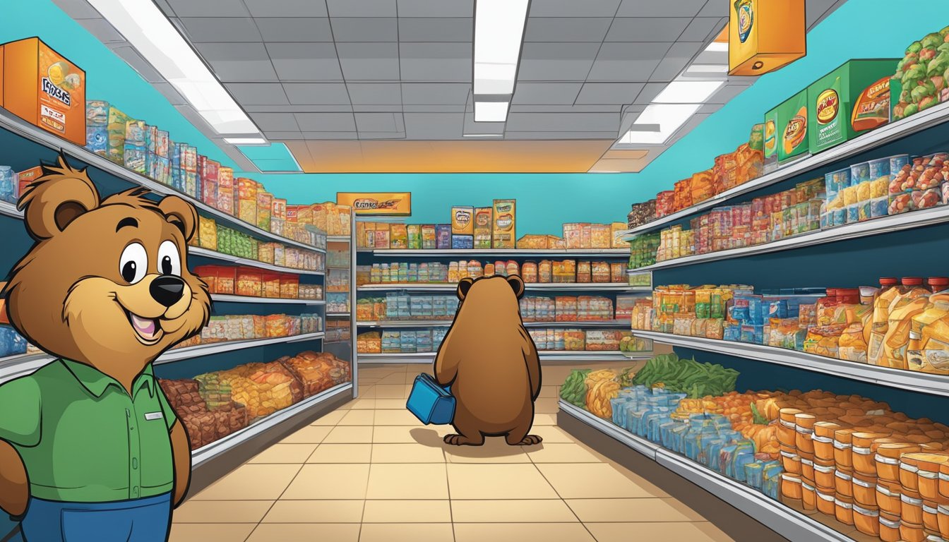 A crowded mega store with aisles of snacks, merchandise, and gas pumps. A large beaver mascot stands near the entrance