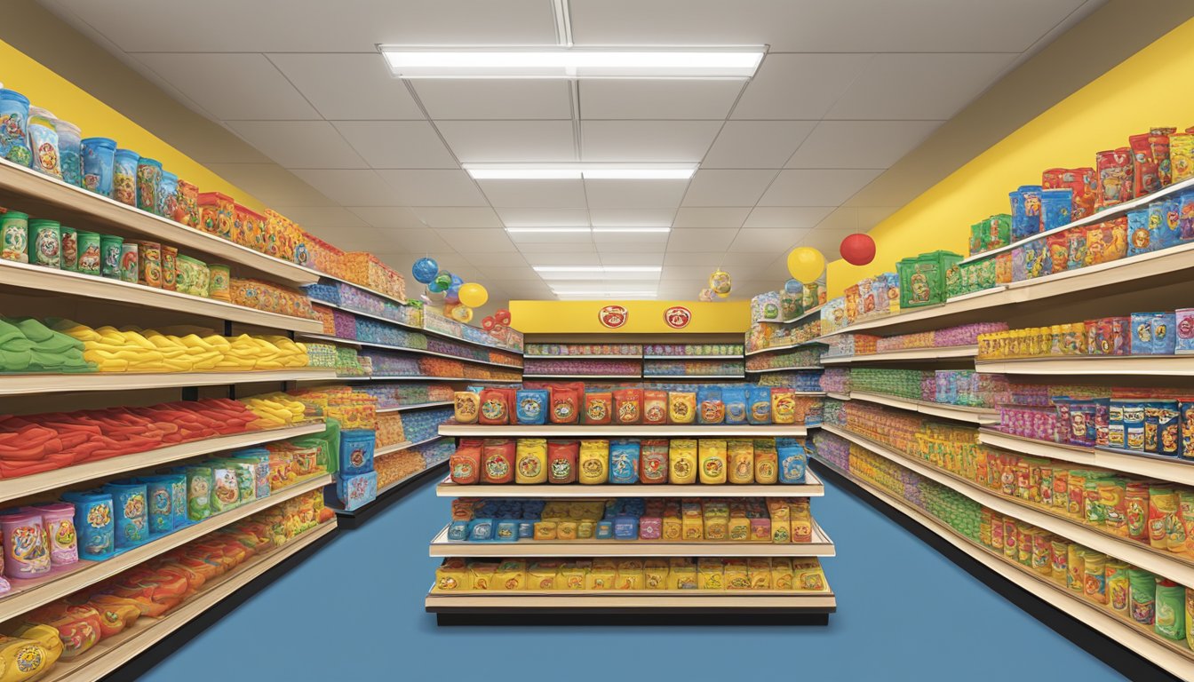 A colorful display of Buc-ee's merchandise arranged on shelves and racks, featuring t-shirts, hats, mugs, and other branded items