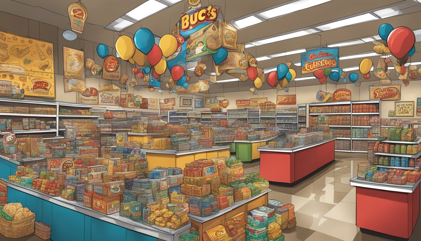 A cluttered Buc-ee's store with scattered signature products, a looming mystery vibe