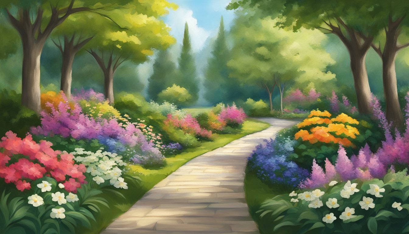 A serene, tree-lined path leads to a tranquil garden with a flowing stream and vibrant flowers. A sense of spiritual connection emanates from the peaceful setting