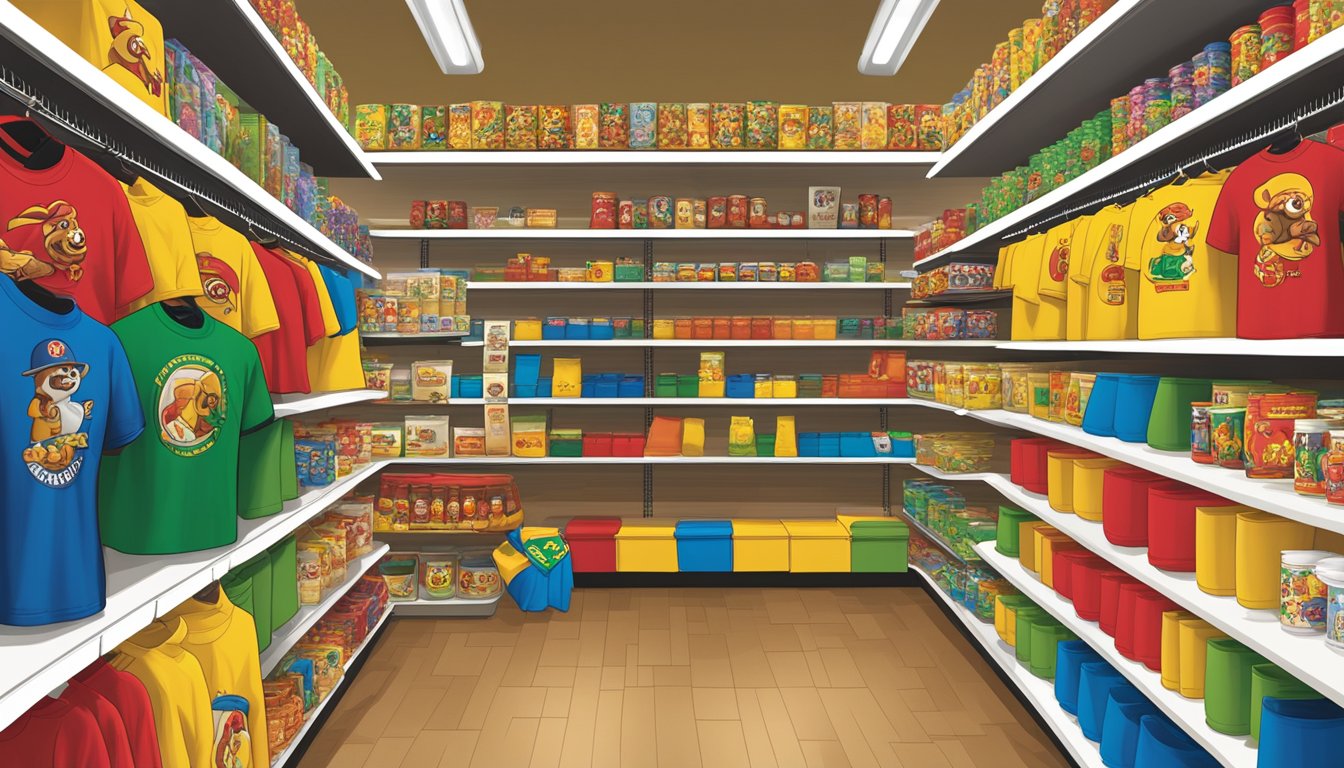 A colorful display of Buc-ee's merchandise arranged on shelves and racks, featuring t-shirts, hats, mugs, and other novelty items