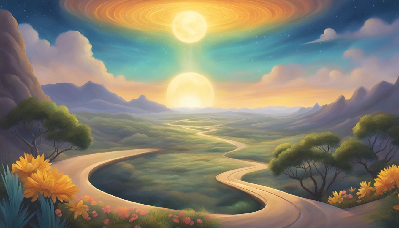 A serene, otherworldly landscape with a glowing, ethereal Buc-ee's logo hovering above a winding path of cosmic energy