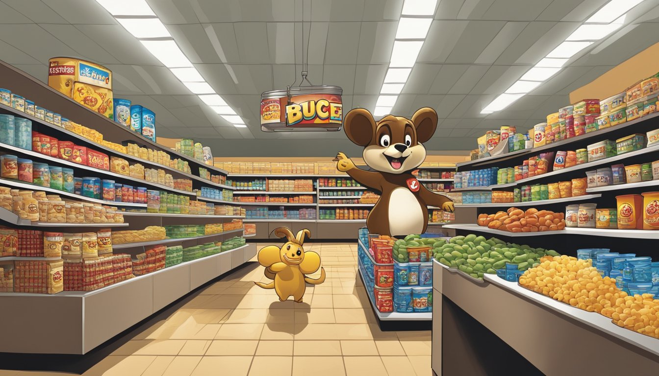 A bustling mega store with a prominent Buc-ee's mascot surrounded by shelves of snacks and merchandise, with a mysterious shadow lurking in the background