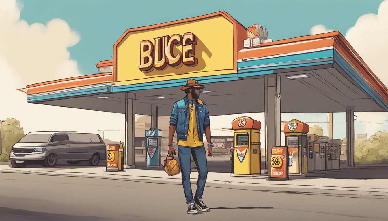 A fashionable individual stands in front of a gas station, wearing stylish clothing adorned with Buc-ee's merchandise. The scene exudes a blend of fashion and functionality