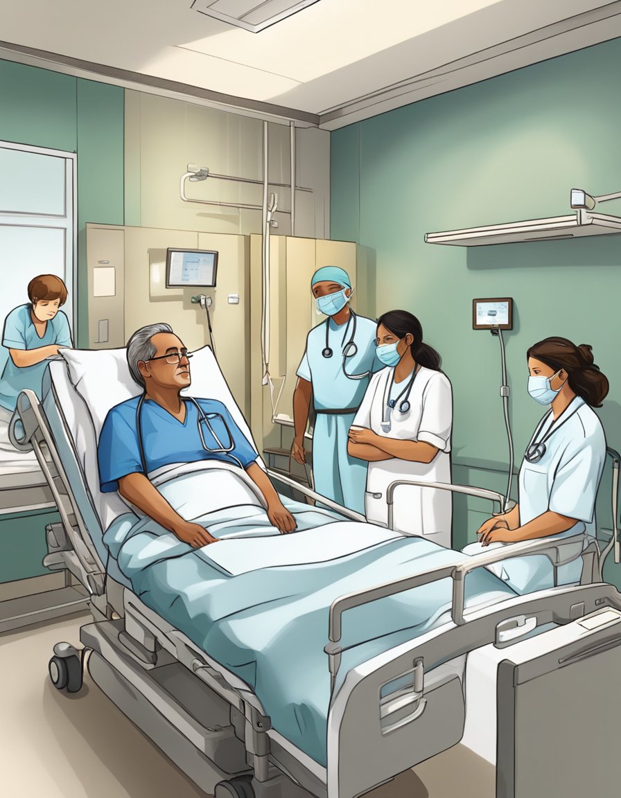 Digital art of a man in a hospital bed surrounded by doctors and nurses.