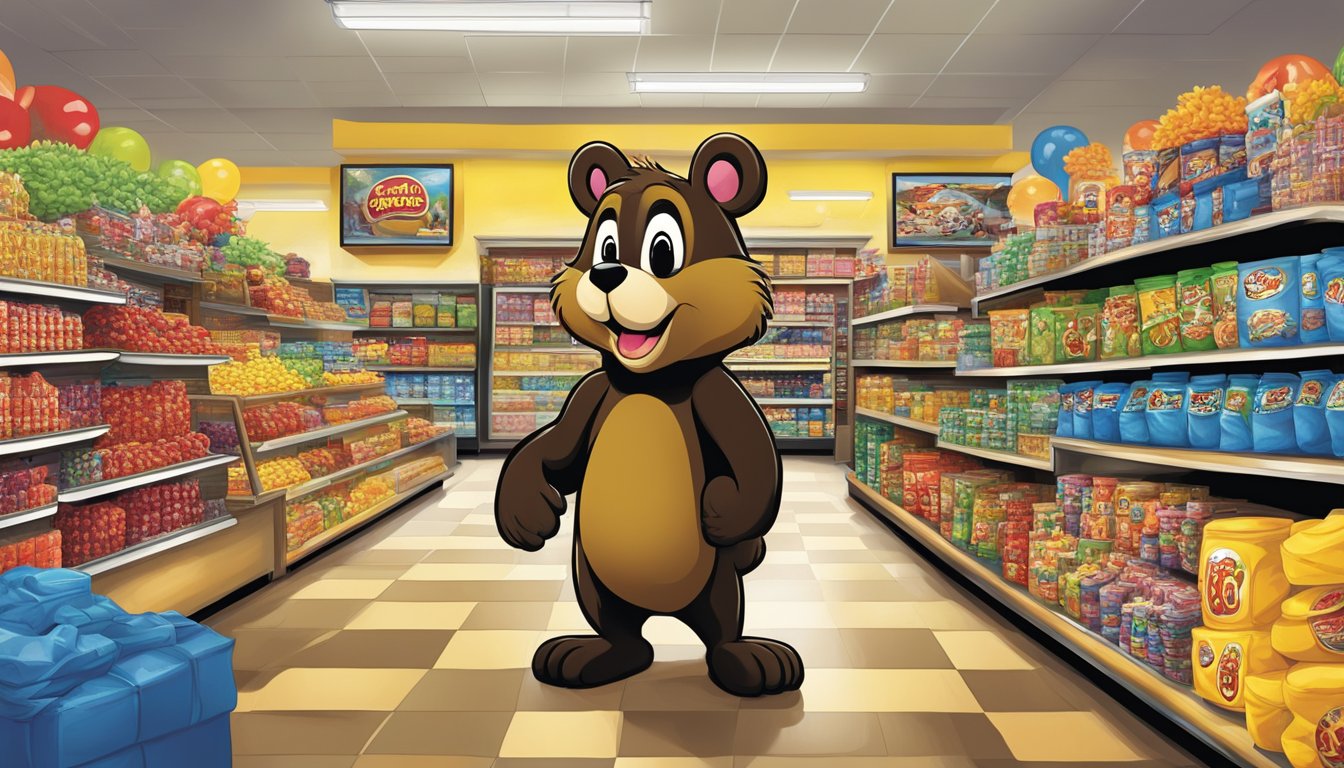 A bustling Buc-ee's mega store with colorful merchandise, gleaming floors, and a towering beaver mascot. A mysterious shadow lurks in the background