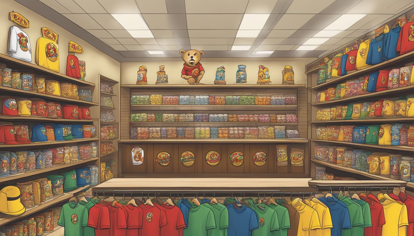 A display of Buc-ee's merchandise, including t-shirts, hats, and mugs, arranged in an appealing and stylish manner