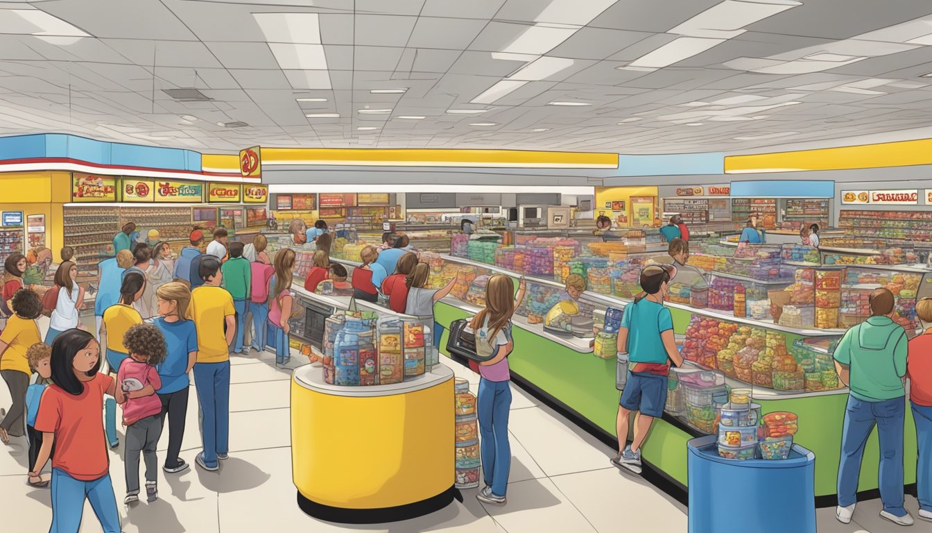 A bustling Buc-ee's mega store with crowded gas pumps, busy snack aisles, and a line of excited customers at the checkout counter