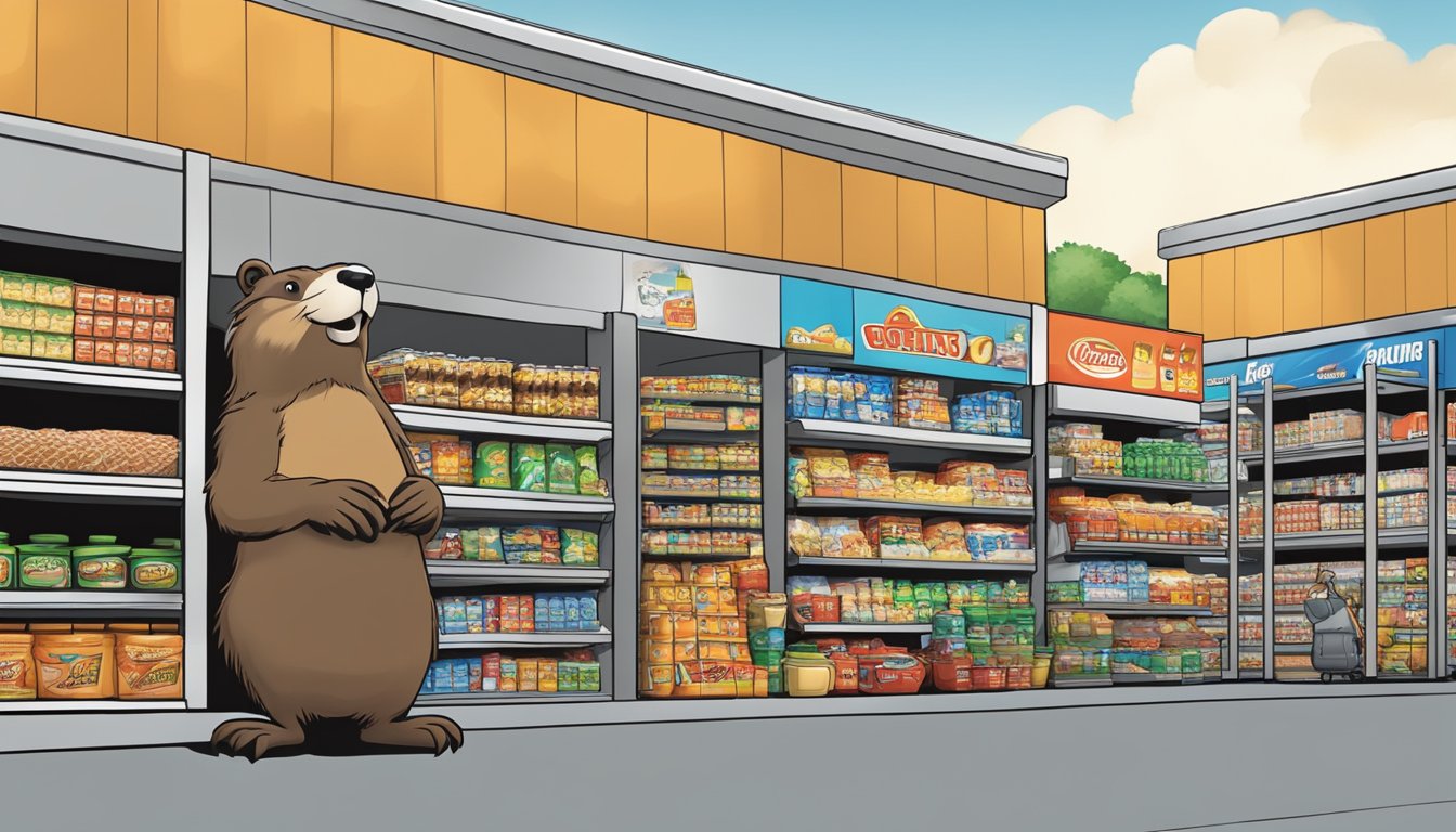 A bustling mega store with aisles of snacks, merchandise, and gas pumps. A giant beaver mascot stands guard outside