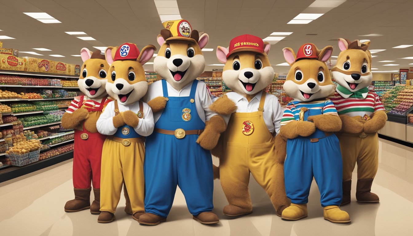 A group of people in elaborate Buc-ee's product costumes gather at the convenience store, posing for photos and attracting attention from passersby