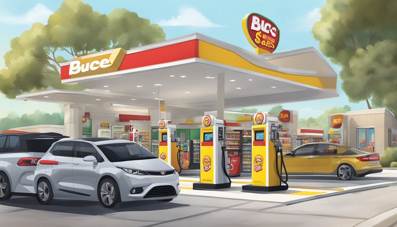 A modern gas station with Buc-ee's merchandise displayed in a stylish and trendy manner, featuring clean lines and digital screens