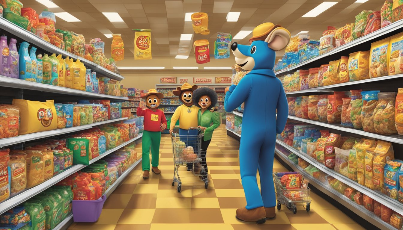 A group of people in Buc-ee's themed costumes browsing the aisles of the convenience store, surrounded by larger-than-life products