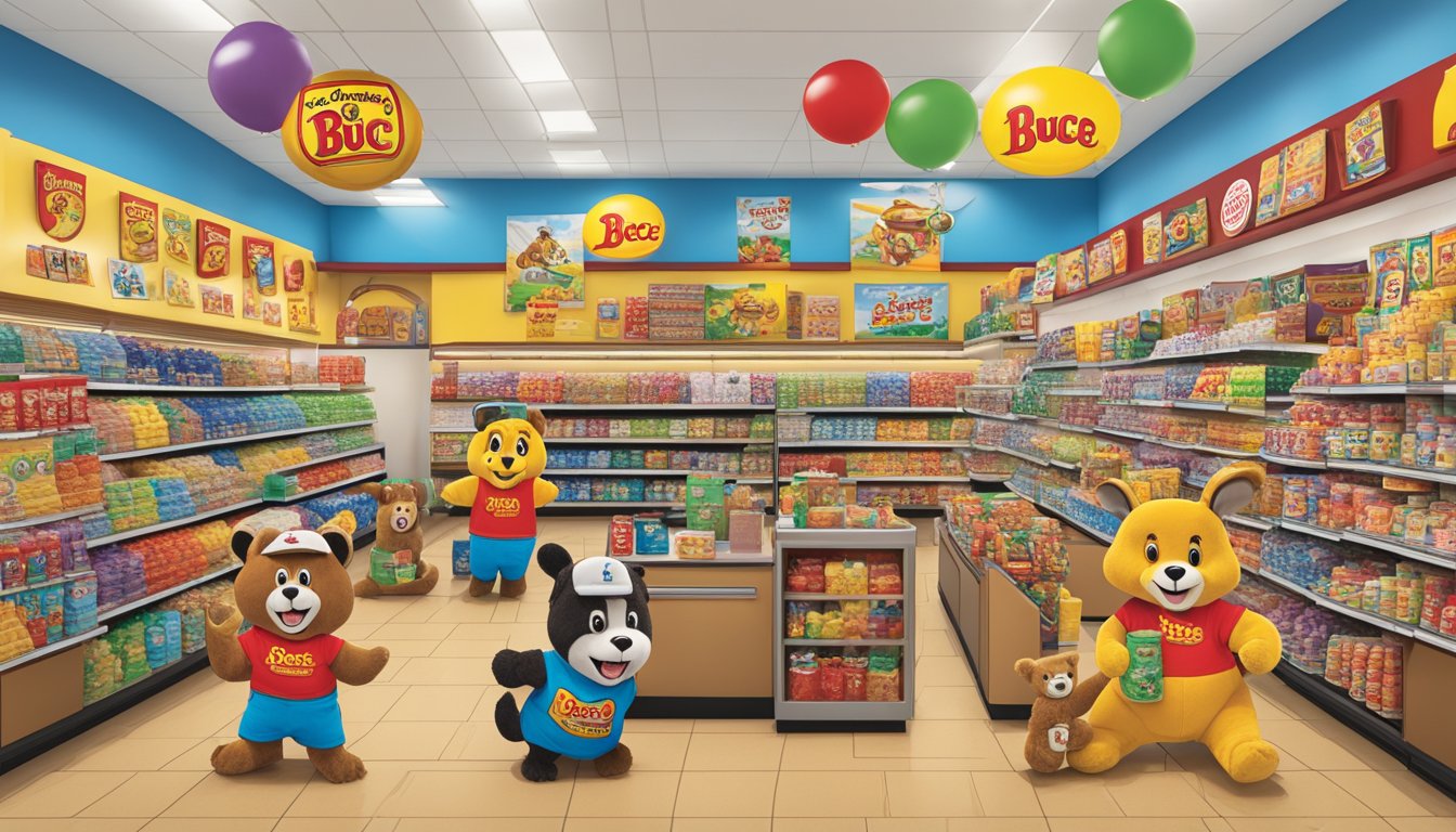 A colorful array of Buc-ee's branded products on display in a bustling convenience store, including t-shirts, hats, and plush toys