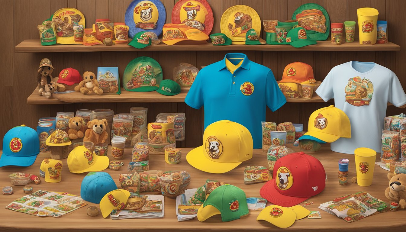 A display of Buc-ee's themed accessories arranged on a table at a convenience store, including hats, shirts, and plush toys