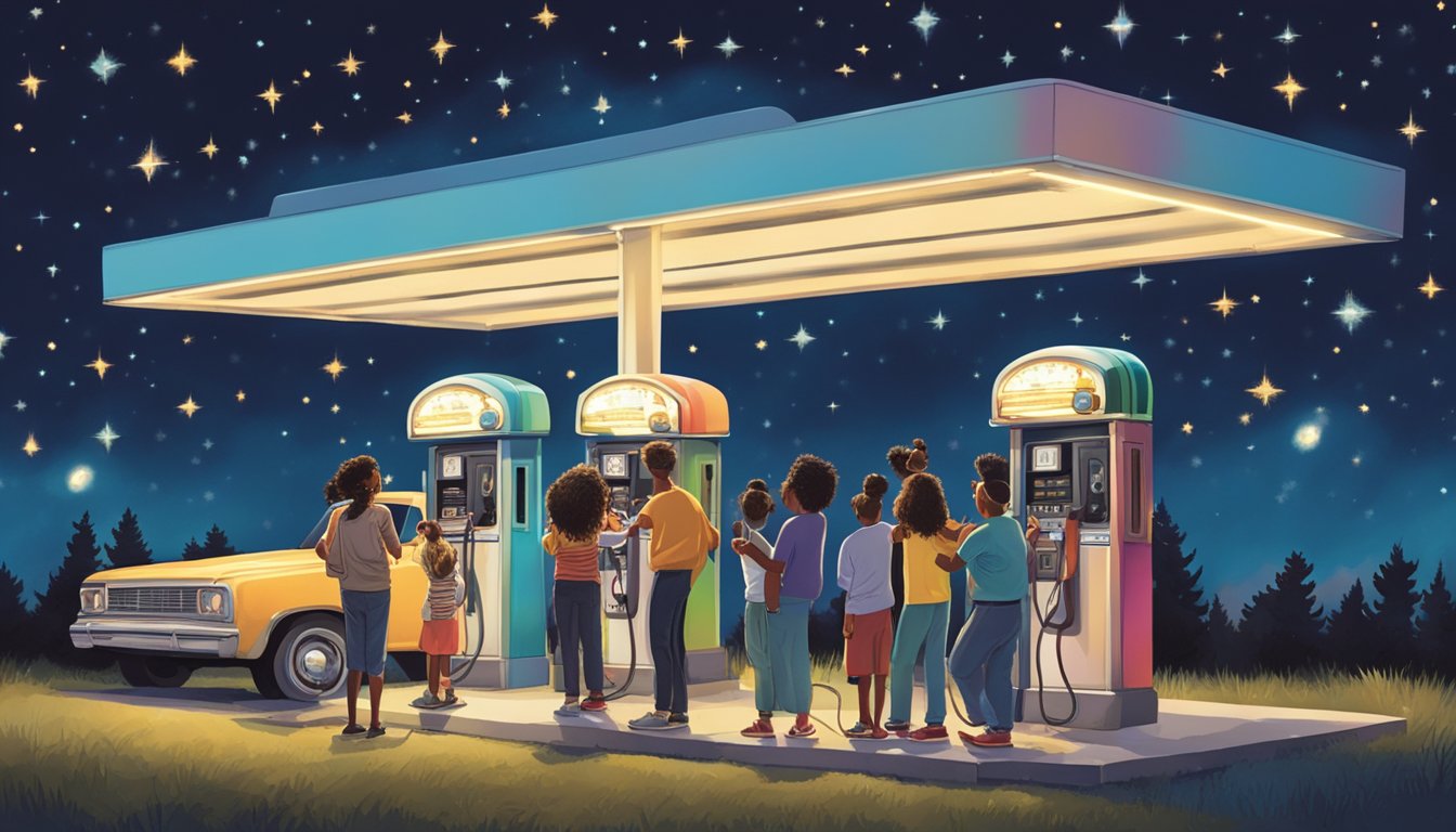 A group of people gather around a gas pump, taking turns singing into the nozzle as if it were a microphone. The night sky is filled with stars, and the glow of the pump illuminates their faces as they belt out their favorite tunes