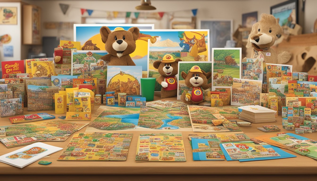 A colorful array of Buc-ee's memorabilia spread out on a table, including photos, postcards, stickers, and souvenirs, ready to be arranged in a scrapbook