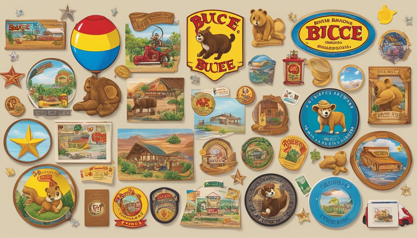 A colorful array of Buc-ee's memorabilia, including stickers, postcards, and souvenirs, arranged on a scrapbook page with space for photos