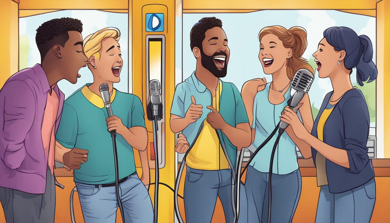 Customers singing into gas pump screens with karaoke technology