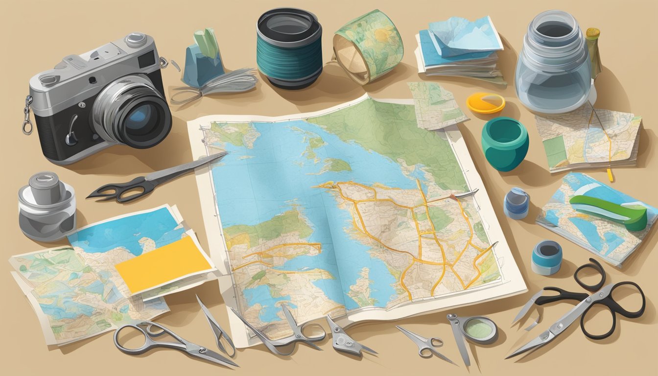 A table covered in photographs, maps, and mementos from a road trip. A pair of scissors, glue, and colorful paper ready for scrapbooking