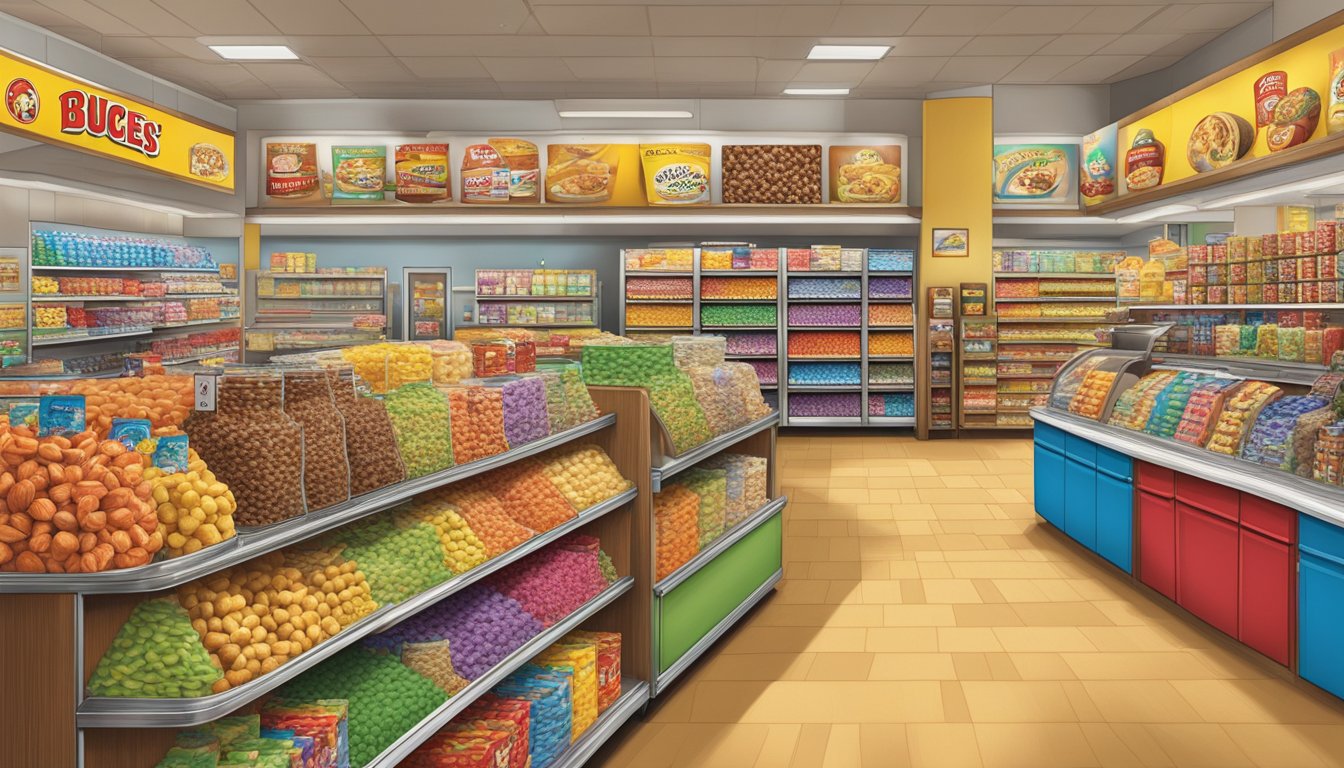 A bustling Buc-ee's store filled with the aromas of roasted nuts, freshly brewed coffee, and sweet, sugary treats. Shelves lined with colorful packaging and the iconic beaver logo