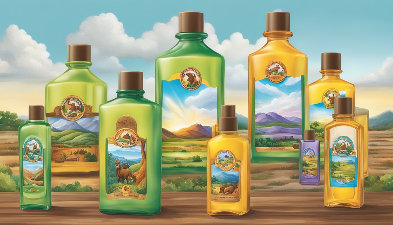 A colorful display of Buc-ee's fragrance line, with bottles and labels featuring images of Texas landscapes and iconic symbols