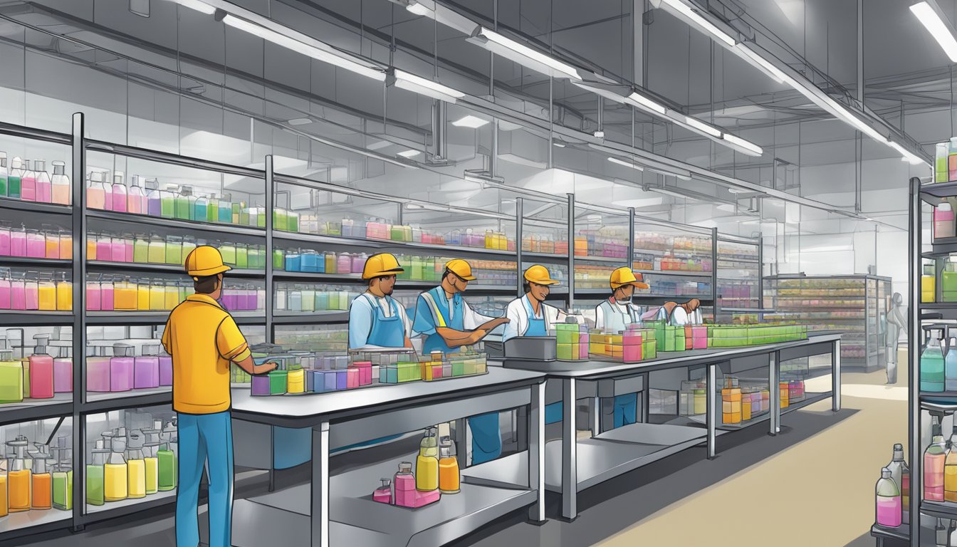 A Buc-ee's fragrance line scene: A clean, modern factory with rows of shiny, high-tech equipment producing various scents. Quality control checks in progress