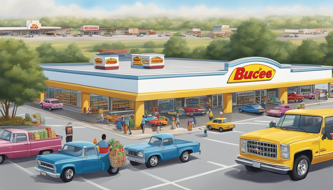 A busy parking lot with cars pulling in and out, a large Buc-ee's gas station and convenience store in the background, and people carrying shopping bags