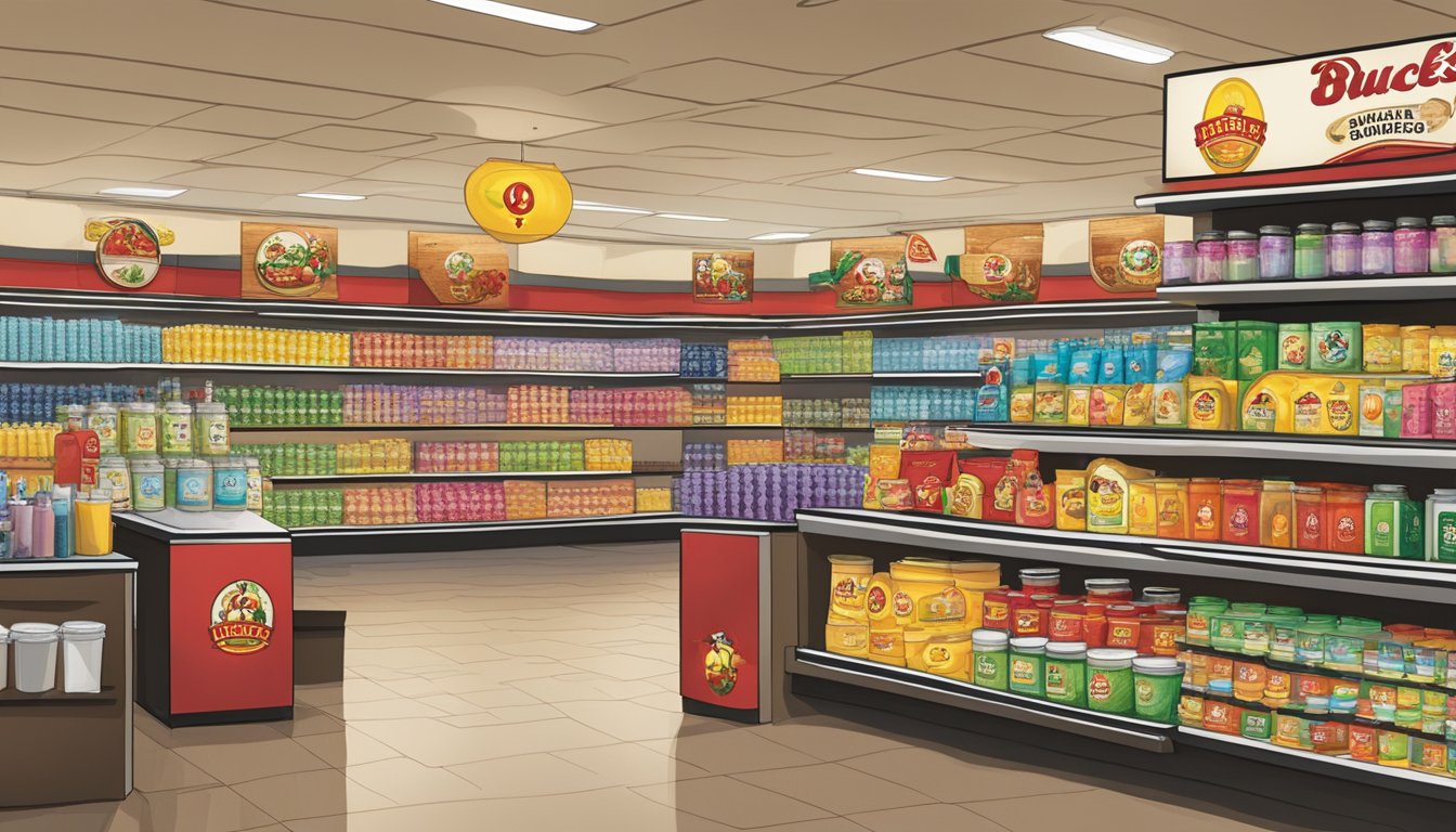 A bustling Buc-ee's store with shelves of scented candles, air fresheners, and bath products. The air is filled with the sweet and savory aromas of Texas-inspired fragrances