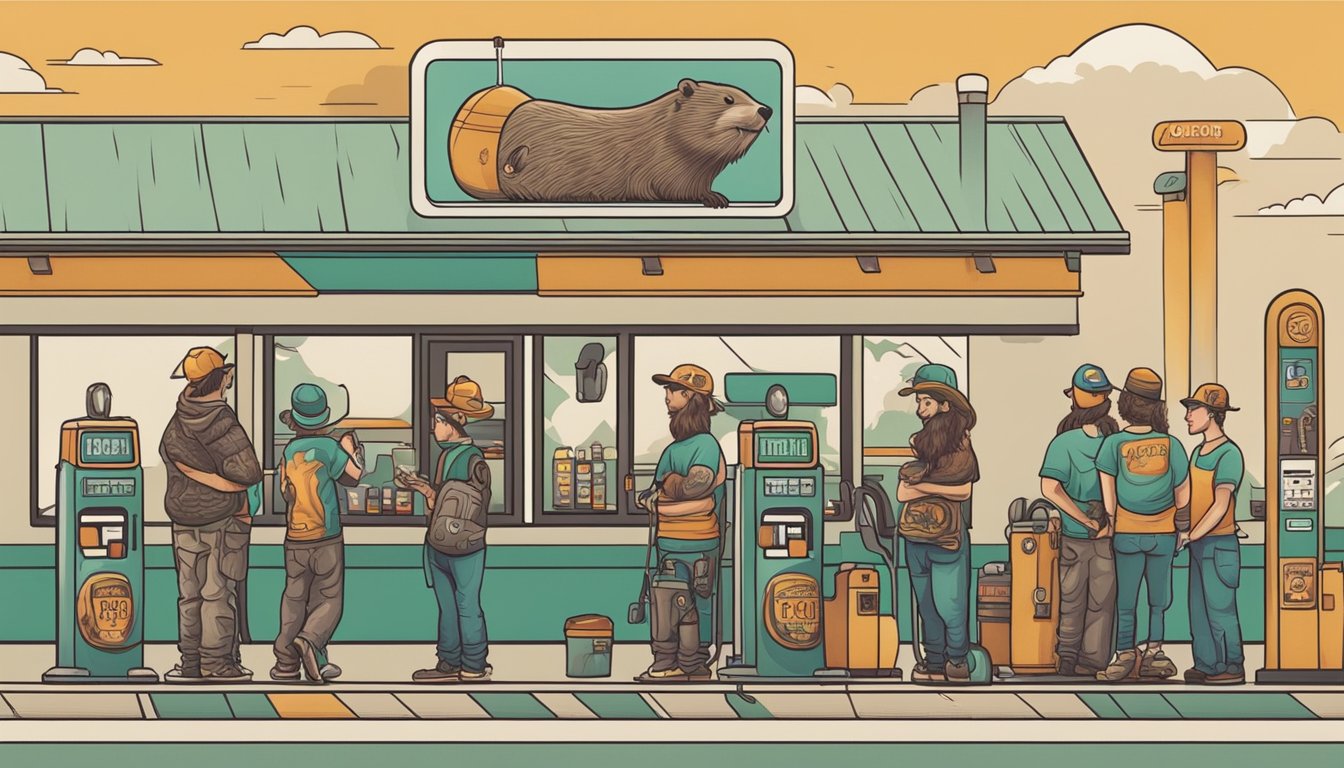 A line of beaver tattoos wraps around a gas station, with various sizes and styles on different people