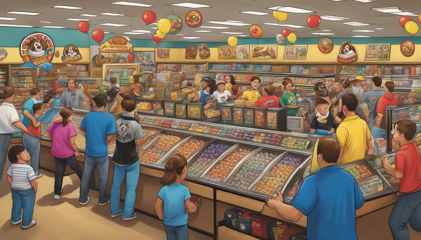 A bustling Buc-ee's store with customers showing off beaver tattoos, surrounded by merchandise and the iconic beaver mascot