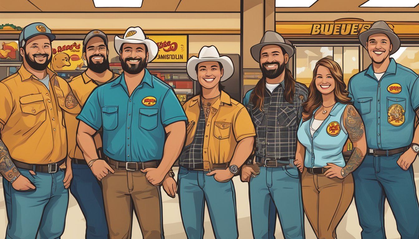 A group of people proudly displaying their beaver tattoos at a Buc-ee's gas station, with the iconic logo in the background