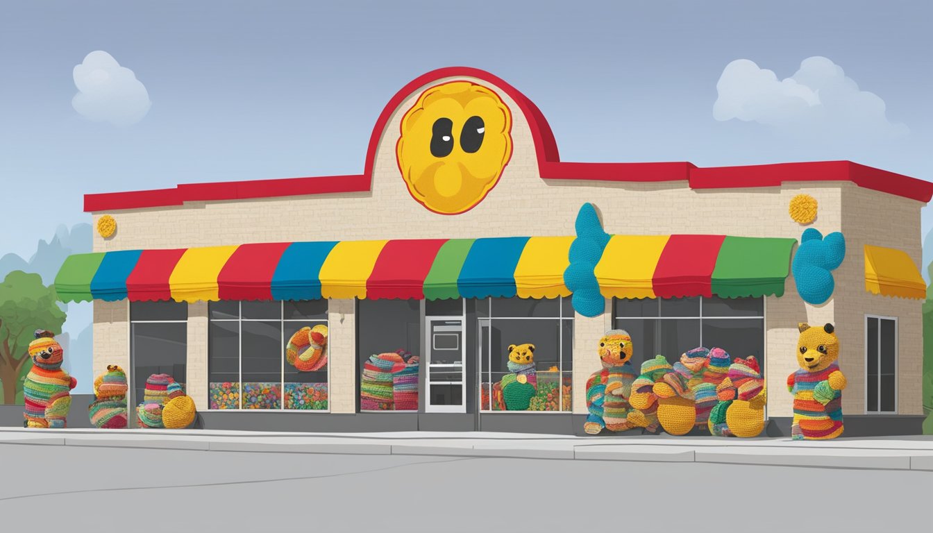 A colorful yarn bombing covers the exterior of a Buc-ee's convenience store, featuring crocheted renditions of the iconic offerings found inside