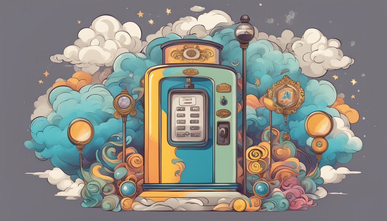 A vintage gas pump adorned with mystical symbols and a crystal ball, surrounded by swirling clouds of colorful smoke