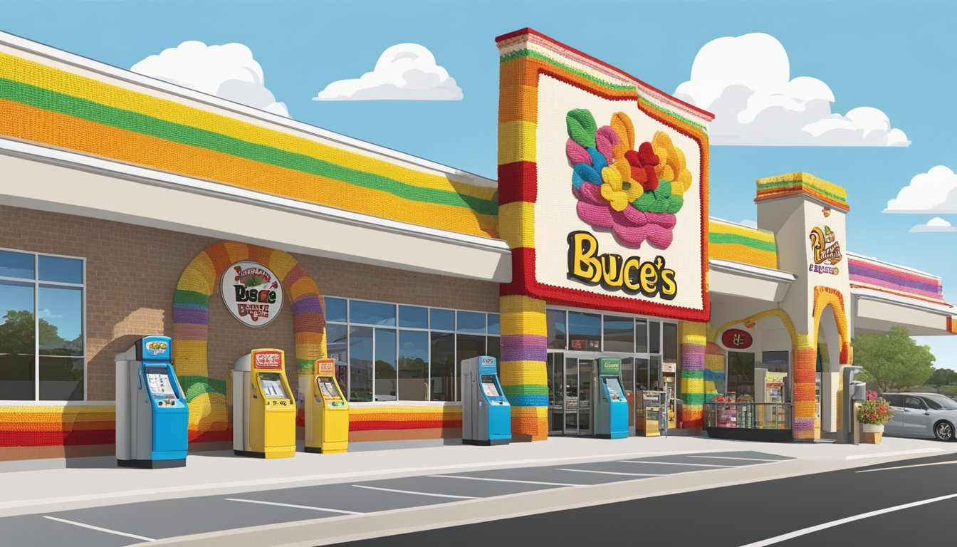 A colorful yarn bombing covers the exterior of a Buc-ee's convenience store, with crocheted designs adorning the building, gas pumps, and outdoor signage